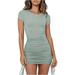 Women's Round Neck Ribbed Short Sleeve Drawstring Bodycon Dress