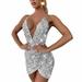 ZIYIXIN Sexy Design Women Sequins Glitter Sparkle Deep V Neck Halter Backless Bodycon Short Mini Dress Evening Party Dress