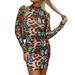 Women's Wrapped Dress, Leopard Midi, High Round-Neck Long Sleeve Butterfly Printed Sliming Girl Clothes