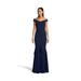 BETSY & ADAM Womens Navy Short Sleeve Off Shoulder Full-Length Sheath Evening Dress Size 6