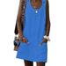 Women Summer Loose Mini Dress With Pocket Loose Kaftan Beach Sundress Scoop Neck Short Dress