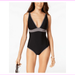 Calvin Klein V-Neck One-Piece Swimsuit in Black, size 14