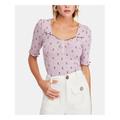 FREE PEOPLE Womens Purple Printed Short Sleeve Scoop Neck Blouse Top Size: L