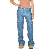 Cargo Jean Women Mom Jeans Pants Boyfriend Jeans Ladies Cargo Pants with High Waist Pocekts Straight Leg Denim Jeans