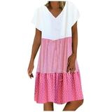 Aimik Women Casual Mini Dress Summer Loose V-Neck Stripe Dot Short Sleeve Ruffle Tiered Hem Linen Dress