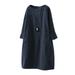 Winnereco Women Solid Color O-neck Dress Pocket 3/4 Sleeve Dresses (Navy Blue L)