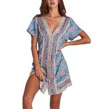 Retro Holiday Floral Mini Wrap Button Down Dress For Ladies Women Short Sleeve Evening Cocktail Party Beach Dress Sundress Ladies Kaftan Casual Gypsy Wrap Sundress