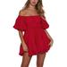 UKAP Summer Casual Boho Sundress For Women Pure Color Ruffle Puff Sleeve Beach Comfy Party Mini Dress