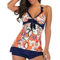 Women V-neck Tankini Set Two-Piece Swimsuit Swimdress+Shorts Bandage Halterneck Backless Padded Push-up Bra Print Bowknot Swimming Bathing Suit Sexy Swimwear Beachwear Monokinis M-XXL Orange