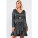 Plus Long Sleeve V-neck Asymmetrical Wrap Flare Hem Belt Detail Oval Rhinestone Buckle Mini Dress 1XL