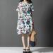 Vintage Women Loose Cotton Dress Ethnic Floral Print Pockets Short Sleeve Casual Midi Long Dress White