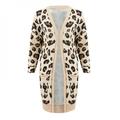 Cocloth Cardigan Coat Women Long Sleeve Warm Long Coat Casual Sexy Leopard Print Slim Pocket Cardigan Loose Jacket