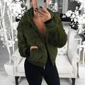 Women Jacekt Solid Fluffy Faux Fur Hooded Neckline Long Sleeve Zipper Ribbed Casual Warm Outerwear