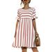 Avamo S-XL Casual Summer Flowy Dress for Trendy Women Bohemian Beach Splicing Pockets Sundress Ladies Striped Printed Flare Party Dress Pink XL=US 14