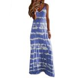 Tie Dye Maxi Dress for Women Bohemian Spaghetti Straps Dresses Sleeveless Print Long Dresses Boho Sundress