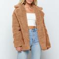 Women Faux Fur Coat Jacket Warm Fleece Long Sleeves Notched Lapel Collar Solid Vintage Furry Casual Long Overcoat Outwear