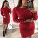 Women's Solid Color Dress Mid-Length Long Sleeve Round Neck Plush Dress