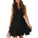 Avamo Women Beach Chiffon Tunic Dress Sleeveless V Neck Drawstring Dress Ruffle Hem Plain Elegant Dress Black S(US 4-6)