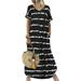 Sexy Dance Women Boho Maxi Dress Short Sleeve Striped Printed Pockets Irregular Hem Long Dress Black S(US 4-6)