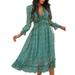 UKAP Women Sexy V Neck Long Sleeve Sundress Floral Printed Empire Waist Swing Dresses Size S-XL Green M