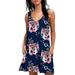 Women Boho Summer Casual T Shirt Dresses Beach Cover up Plain Pleated Tank Dress Sleeveless V Neck Floral Print Sundress Ladies Loose Pockets Mini Dress Rose Blue L