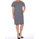 RALPH LAUREN Womens Black Striped Short Sleeve Off Shoulder Knee Length Shift Dress Size L