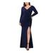 XSCAPE Womens Navy Beaded Sleeve, Long Sleeve V Neck Full-Length Fit + Flare Formal Dress Size 14W