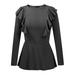 Women's O Round Neck Long Sleeve Casual Ruffle Clothes With Ruffle Black L