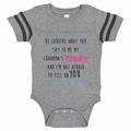 Kids Funny Family Baseball Bodysuit Raglan â€œBe Careful What You Say To Me My Grandma's Crazy And I'm Not Afraid To Tell On Youâ€� - Baby Tee, 3-6 months, Grey & Black Short Sleeve