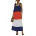 Women Boho Dress Striped Printed Summer Color Block Sleeveless Tank Ruffled Long Maxi Party Dress Lace Up Beach Sundress