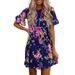 Niuer Women Short Sleeve Boho Floral Print Short Mini Dress Casual Loose Swing Pleated Sundress Ladies Fashion Party Holiday Dress