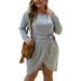 Women Long Sleeve Boho Skirt Dress Solid Color Slit Hem Lace Up Bandage Dresses Beach Sundress Plus Size XL-4XL