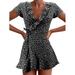 LilyLLL Summer Womens Floral Sundress Short Sleeve V Neck Ruffled Mini Wrap Dress