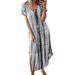 Sexy Dance Summer Tie Dye Printed Short Sleeve Tunic Dress for Women Casual V Neck Long Dress Ladies Side Split Fashion Shirt Dress Loose Fit Sundress