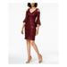 NIGHTWAY Womens Maroon Sequined Lace Bell Sleeve V Neck Above The Knee Sheath Party Dress Size: 8