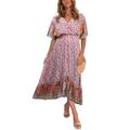 Sexy Dance Women's Short Sleeve Empire Waist Maxi Dresses Floral Patchwork Casual Long Dress High Low Hem Summer Dress Side Split Dresses Pink M(US 4-6)