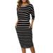 Women's Fashion Round Neck Dresses Stripe Printed 3/4 Sleeve Pencil Dress