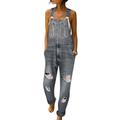 Women Denim Jumpsuit Dungarees Playsuit Distressed Ripped Jeans Straps Overalls Trousers Loose Sleeveless Baggy Pockets Long Bib Pants