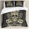 Skull Duvet Cover Set, Vector Skull Poker Cards Play Game Scary Horror Image with Crown and Heart, Decorative Bedding Set with Pillow Shams, Dark Grey Tan Beige, by Ambesonne