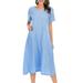 Meterk Women Plus Size Loose Dress V Neck Short Sleeves Pockets Vintage Holiday Beach Dress S-5XL