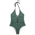 Women Halter One Piece Swimsuit Solid Color Criss Cross Cheeky Thong Bathing Suit Swimwear