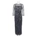 JS Collections Crew Neck Long Sleeve Embellished Ruched Waist Flutter Keyhole Back Mesh Dress-CHARCOAL MULTI