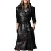 Outfit Craze Women's Black Slim Fit Long Trench Leather Coat with Belted Closure (XL)