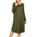 Womens & Plus Round Neck Long Sleeve Knee Length A-Line Swing Trapeze Dress (DK Olive, 3X)