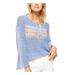 FREE PEOPLE Womens Blue Striped Bell Sleeve V Neck Crop Top Top Size M