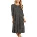 Women's Casual Loose Fit Scoop Neck 3/4 Sleeve Polka Dot Patterned A-Line Midi Dress Made in USA