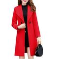 Zewfffr Women Autumn Winter Woolen Coat Long Slim Solid Lapel Outerwear (Red 2XL)
