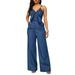 Women V Neck Jumpsuits Outfits Sleeveless Crop Tops Tied Waist Wide Leg Pants Denim Rompers