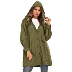 Women Waterproof Lightweight Rain Jacket Buttons Outdoor Hooded Raincoat