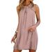 UKAP Women Casual Loose Swing Dress Halter Neck Boho Geometric Graphic Sleeveless Short Dress with Keyhole Pink XL(US 14-16)